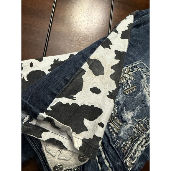 MISS ME Jeans Sunny Boot 28x33 Cow Print Distressed Denim Med Wash Flare Y2K - Picture 12 of 16